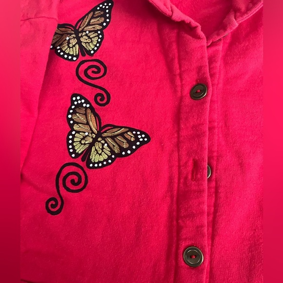 [S]Qualicum Red Cotton Shirt Jacket with Embellished Butterfly Made in Canada - Picture 3 of 10